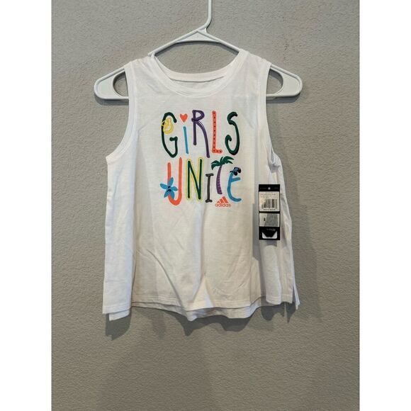 Adidas Girl's Size Medium Round Neckline Graphic Tank Top White NWT - Picture 1 of 4